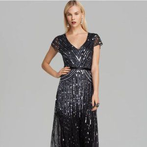 Adrianna Pappell Beaded V-Neck Gown - Gunmetal